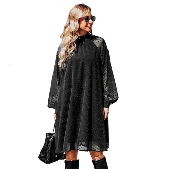 Long Sleeve Wedding Guest Dresses Flowy Chiffon Swiss Dot Casual Midi Dress L - Picture 1 of 10